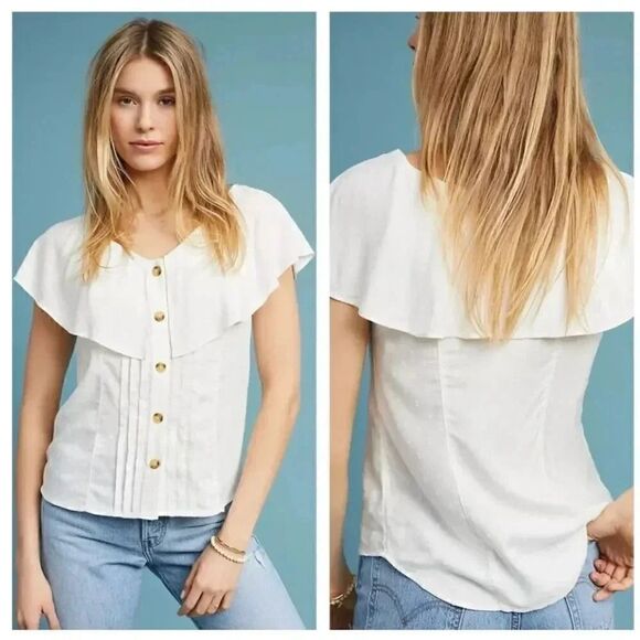 Anthropologie Maeve Eloise Swiss Dot Ruffled Blouse White Solid Viscose 2 #1935 - Picture 1 of 15